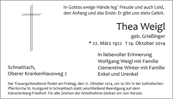 Traueranzeige von Thea Weigl von Pegnitz-Zeitung